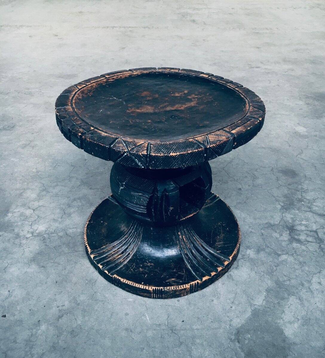 Handcrafted Low Stool in Carved Stained Wood, Africa, 1950s