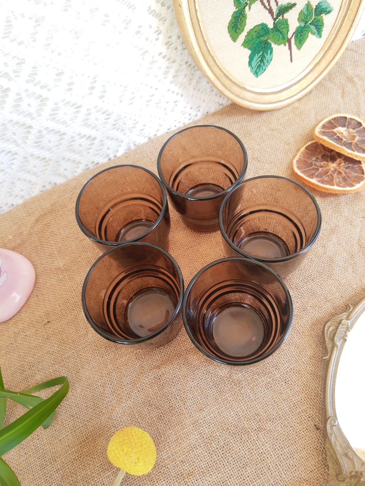 Lot de 5 verres fumés vereco empilable années 70 vintage