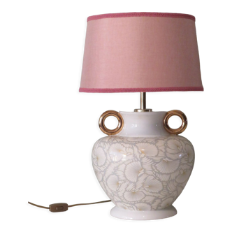 Vintage ceramic table lamp Art Deco leaf pattern and custom lampshade, France 1970