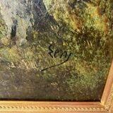 École de Barbizon signée, huile sur toile du 19e siècle représentant un paysage