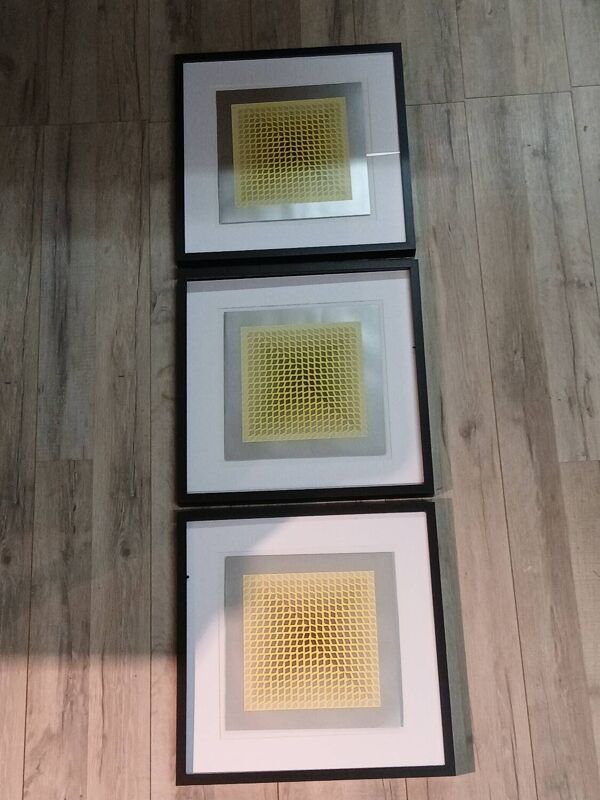 Triptyque Art Optique - 3 Tableaux Vintage - Victor Vasarely - Cadres