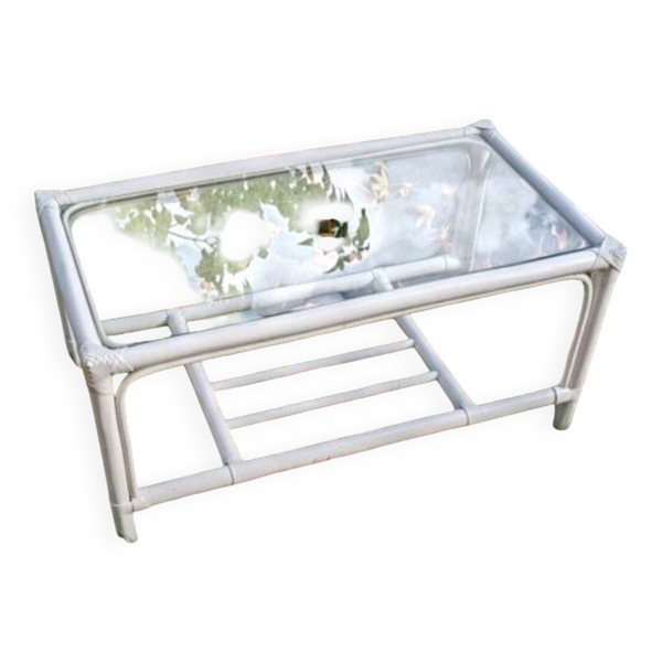 Table basse rectangulaire en rotin et verre