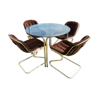 Table and 4 chairs in gold anodized metal around 1970