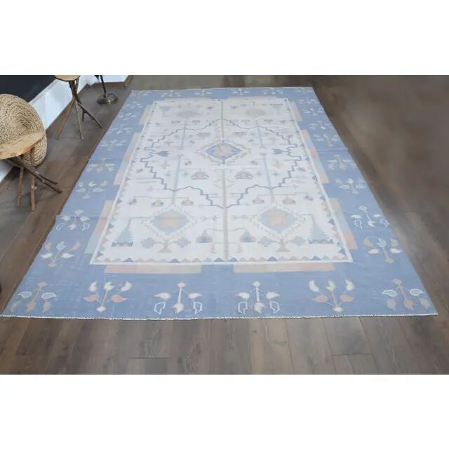1970s Turkish Oushak Handmade Wool Cotton Blue Beige Area Rug 230x325