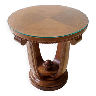 Art Deco Round Oak Durmast and Glass Coffee Table, Italy