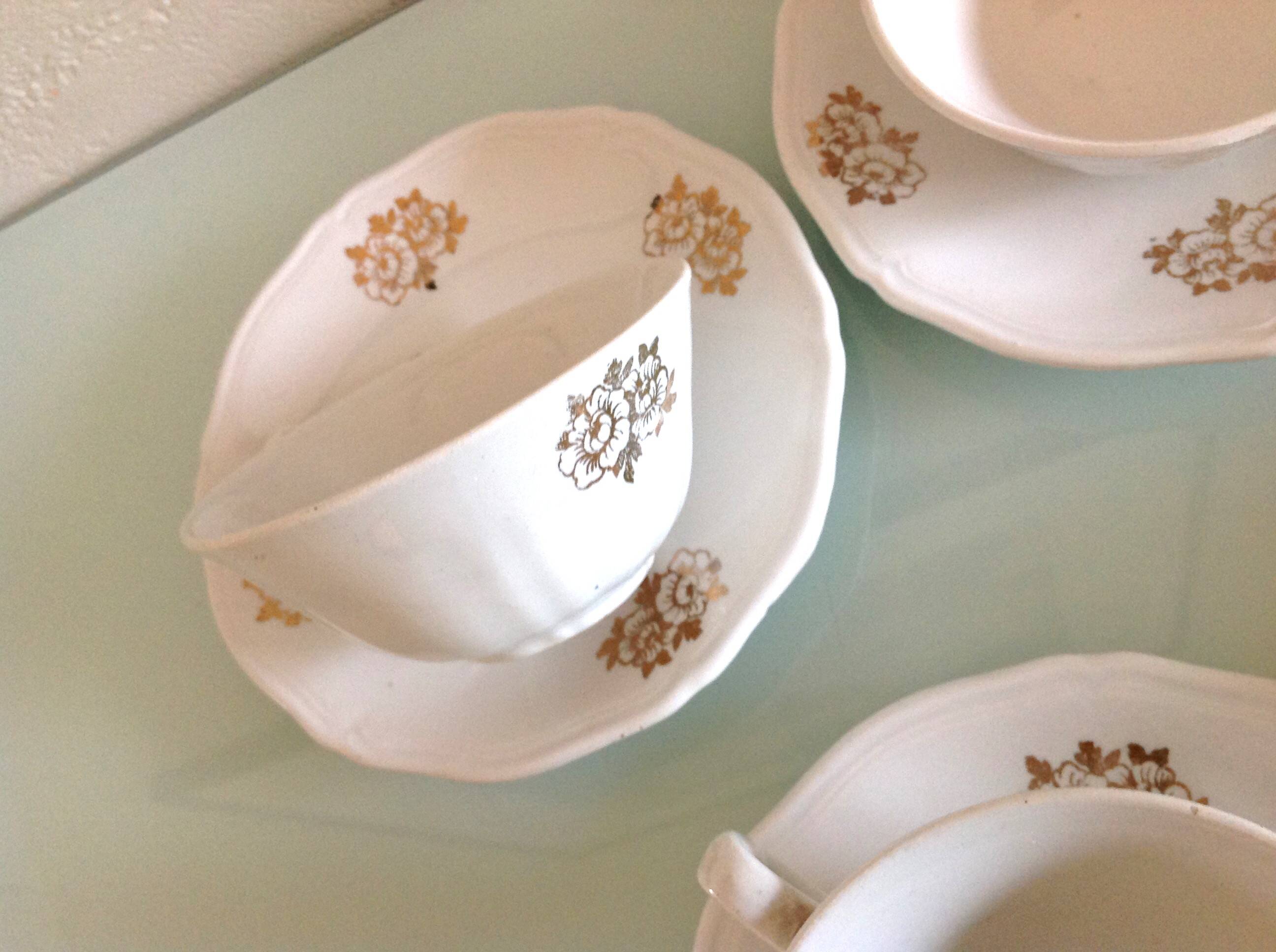 White porcelain coffee service with golden flowers / vintage 50s-60s