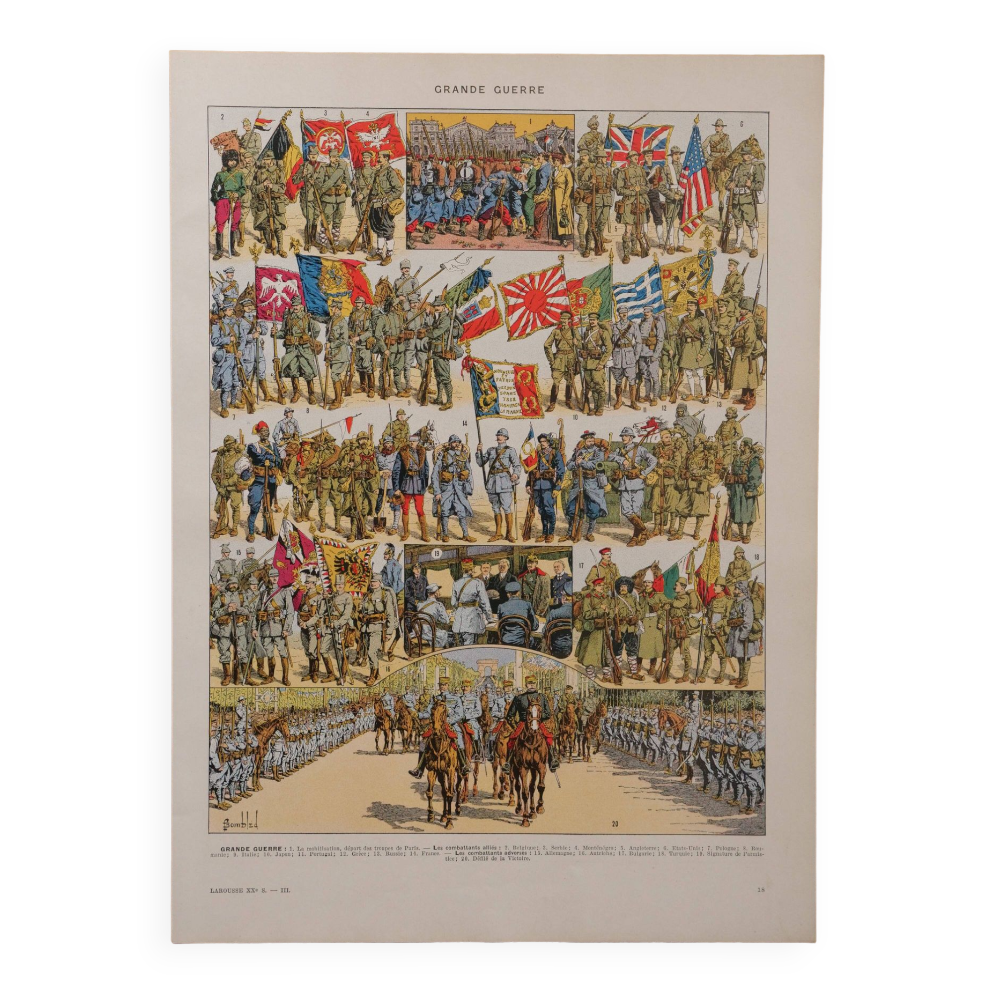 Original lithograph on the First World War (troops + map)