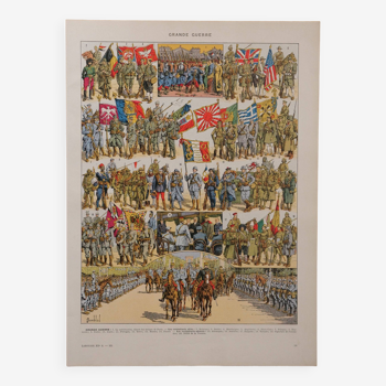 Original lithograph on the First World War (troops + map)