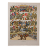Lithographie originale sur la première guerre mondiale (troupes + carte)