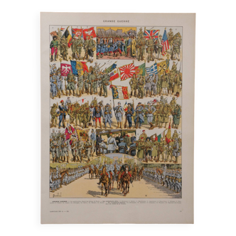 Lithographie originale sur la première guerre mondiale (troupes + carte)