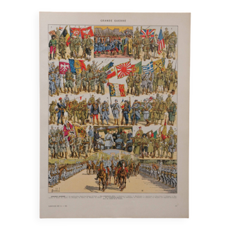 Original lithograph on the First World War (troops + map)