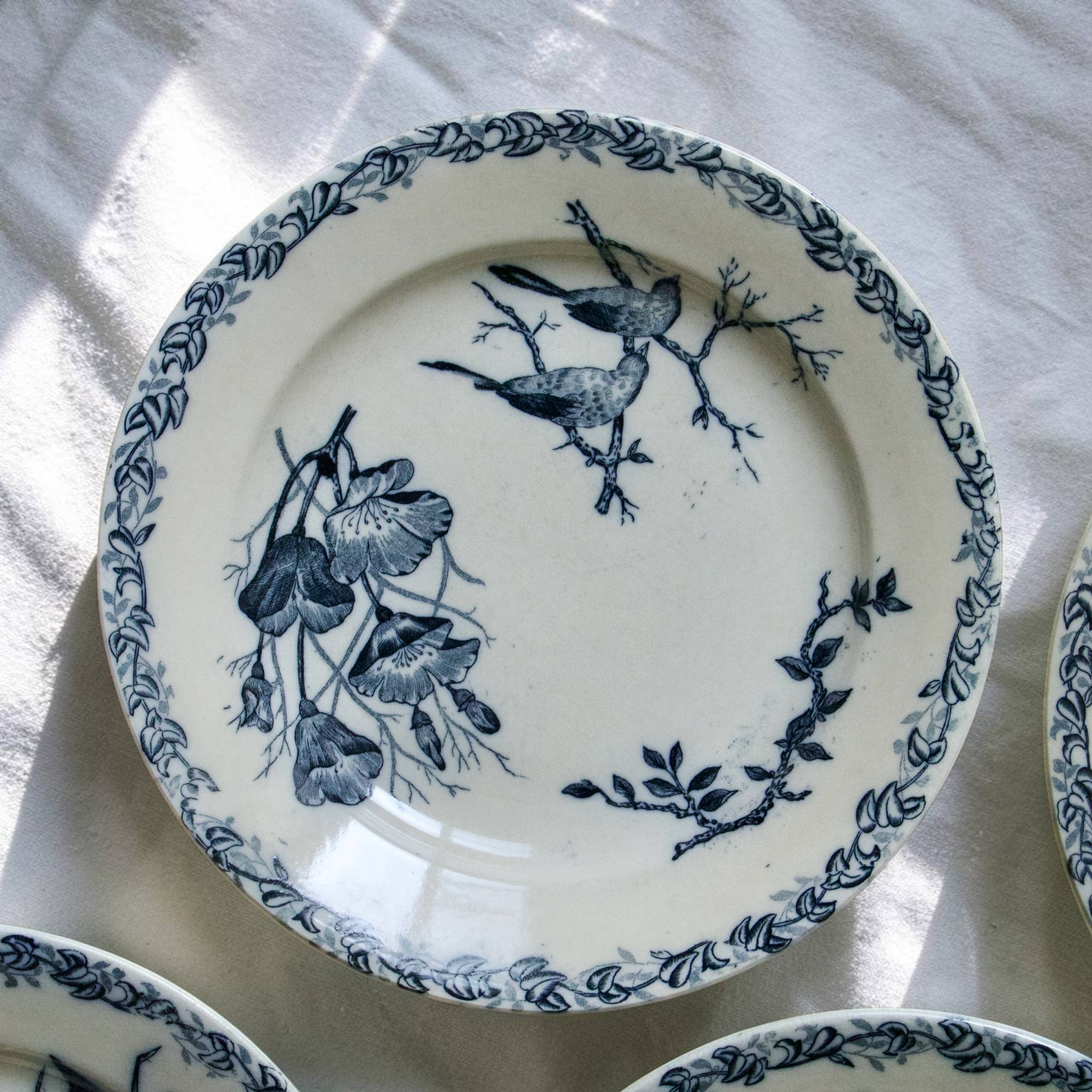 Assiettes plates oiseaux du XIXe siècle terre de fer signées Onnaing