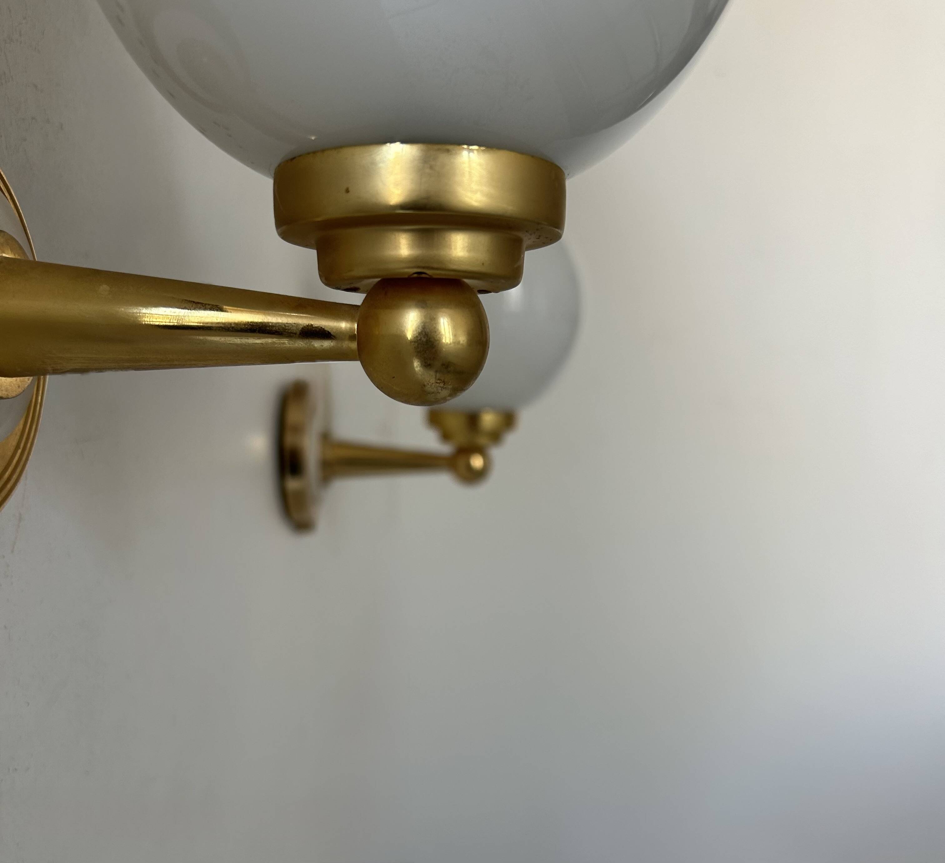 Pair of vintage wall lights, brass and opaline, France, 1980