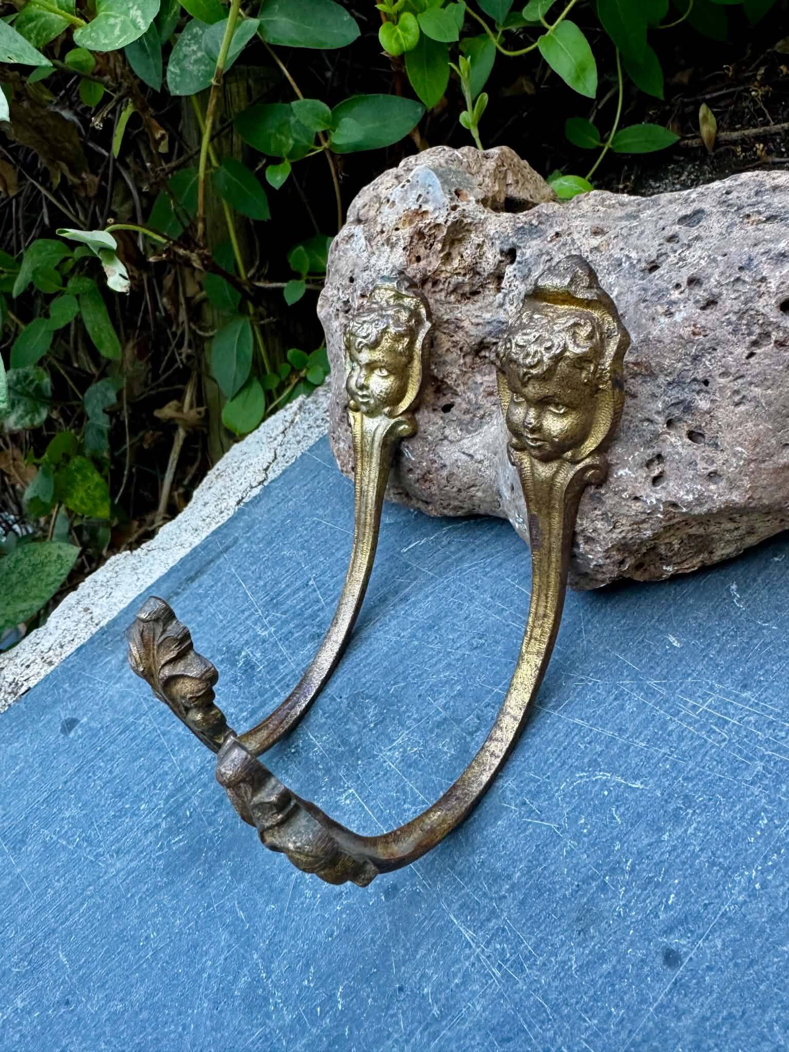 Pair of bronze putti coat hooks signed Art Nouveau period
