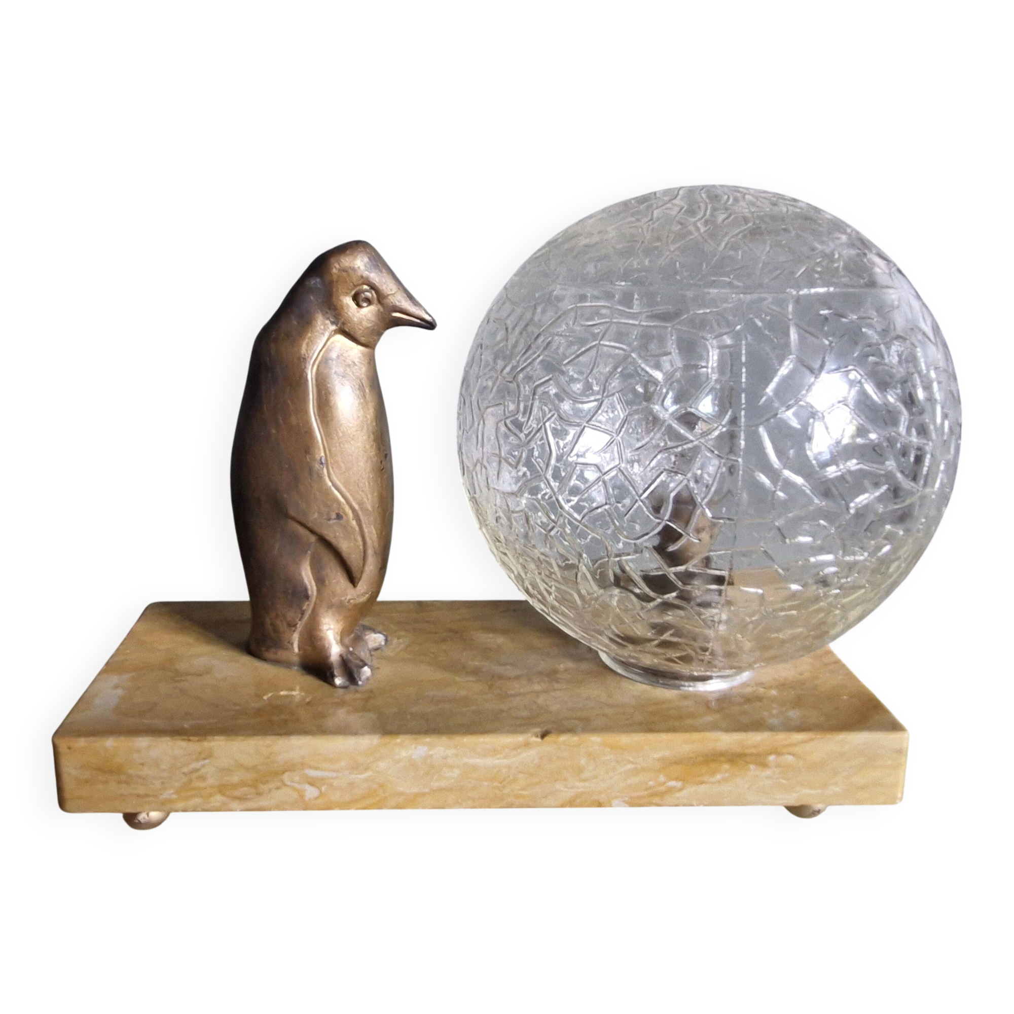 Lamp / Art Deco Night Light Penguin & Cracked Glass Globe on Base