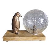Lampe, veilleuse d'époque Art déco pingouin et globe en verre craquelé