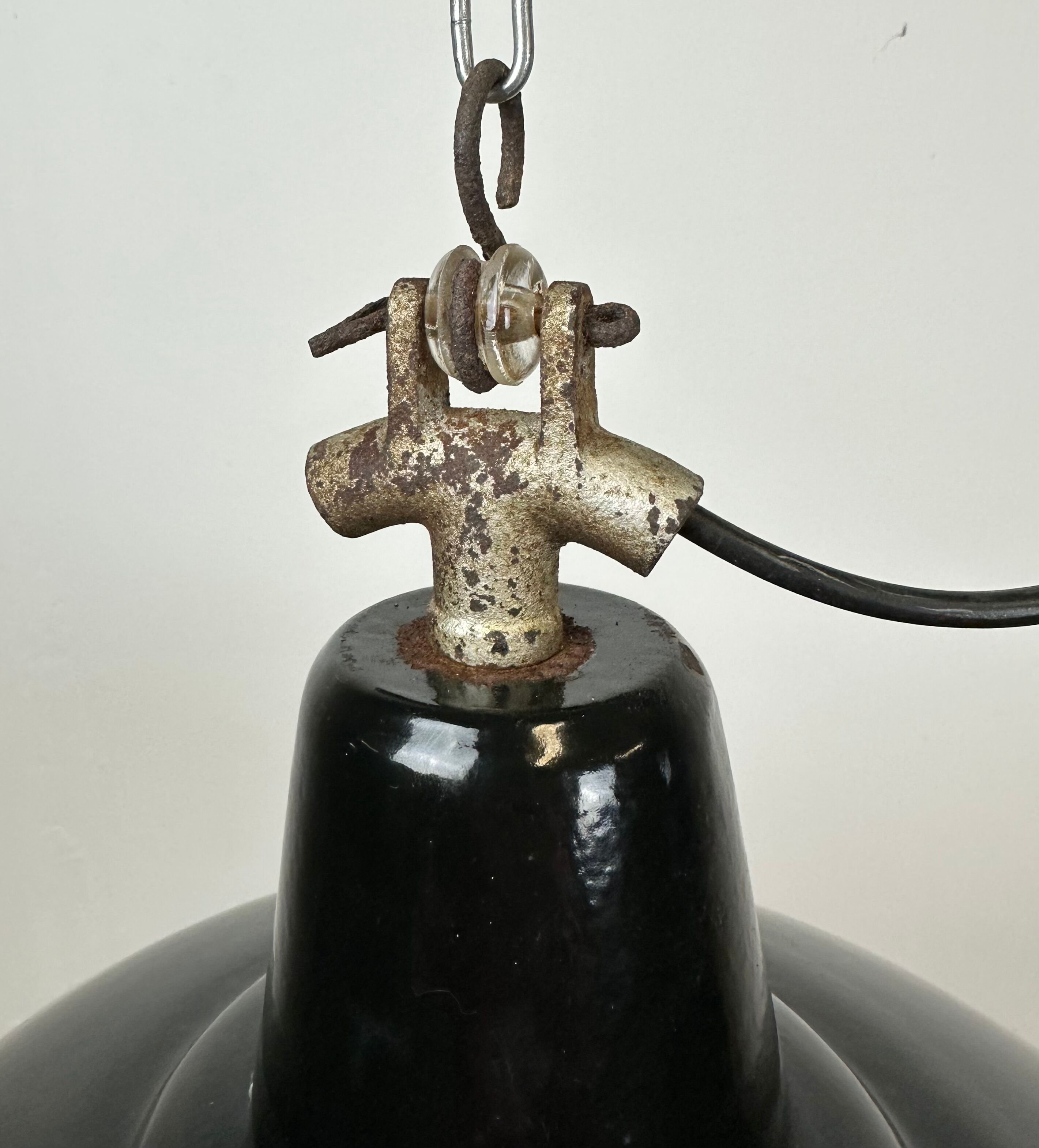 Industrial Black Enamel Factory Lamp with Cast Iron Top, 1950s
