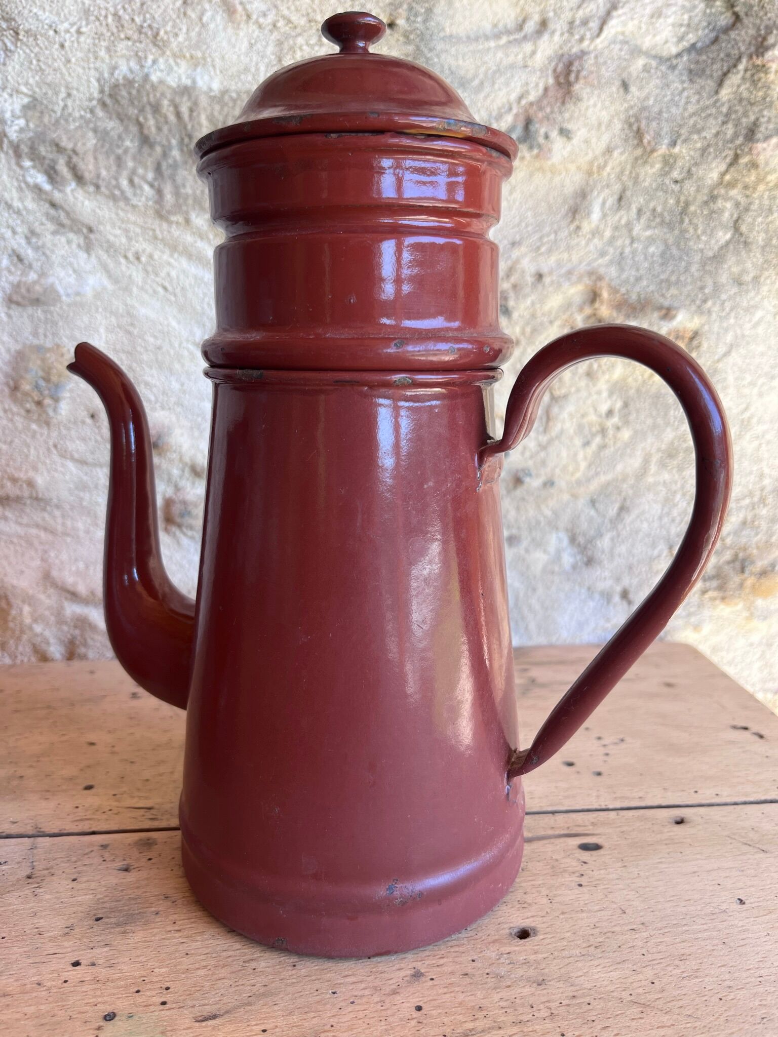 Vintage enameled coffee maker and milk jug