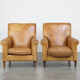 Set of 2 Large Vintage Sheepskin Leather Armchairs