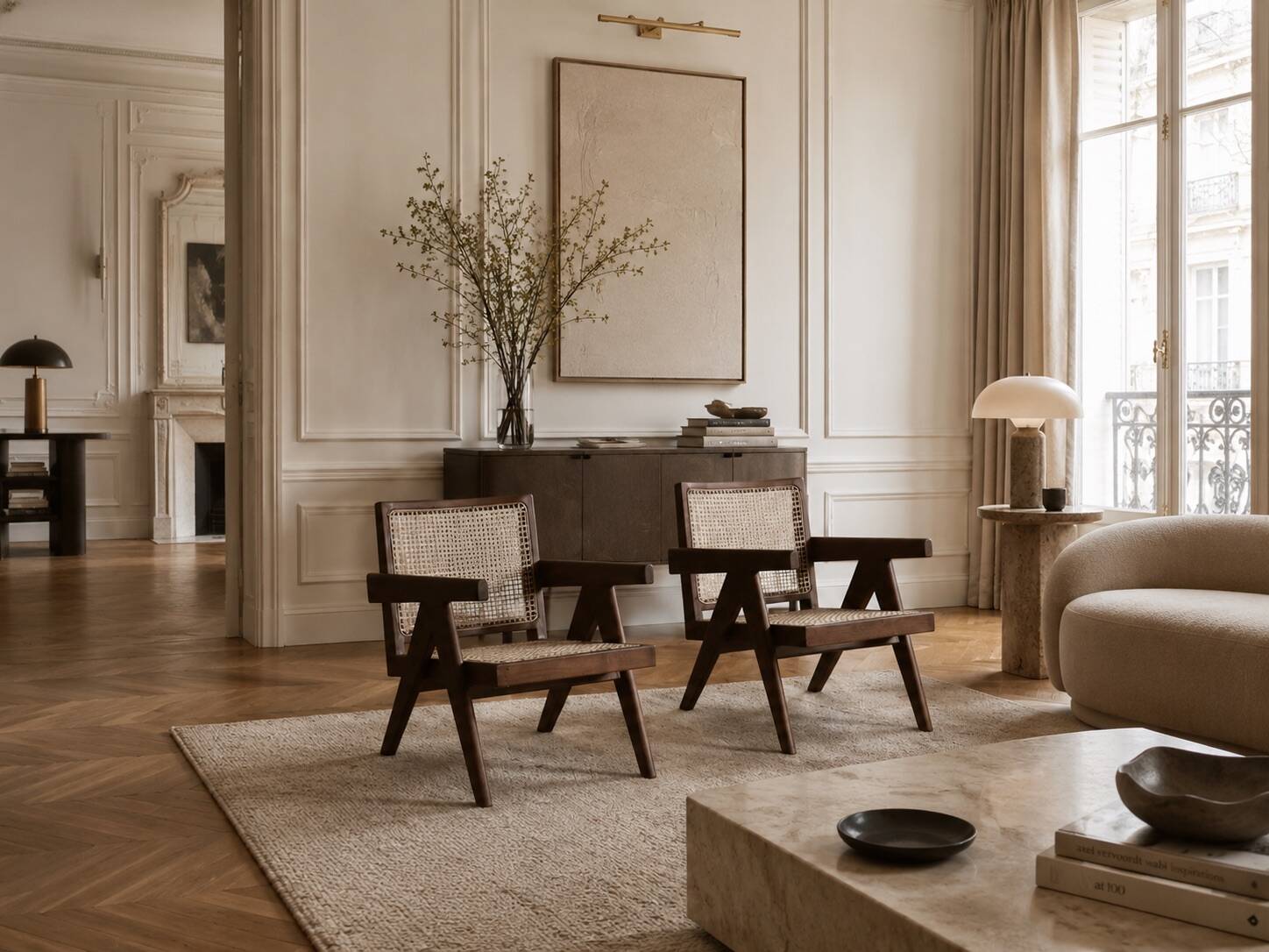 Chaises longues Pierre Jeanneret PJ-SI-29-A en teck et en rotin, années 1950.