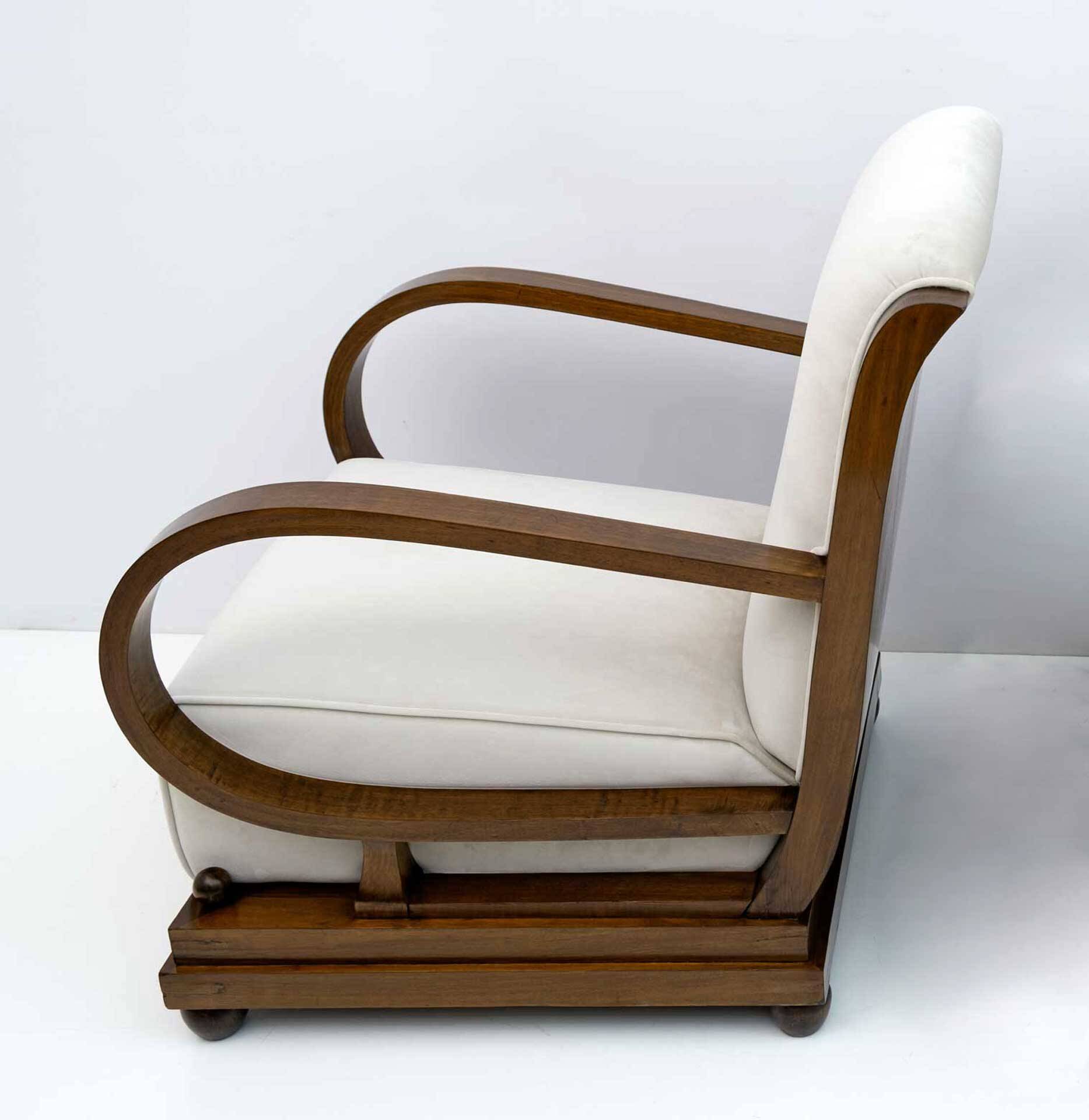 Art Deco Italian Walnut and Velvet Armchair and Ottoman, 1920s