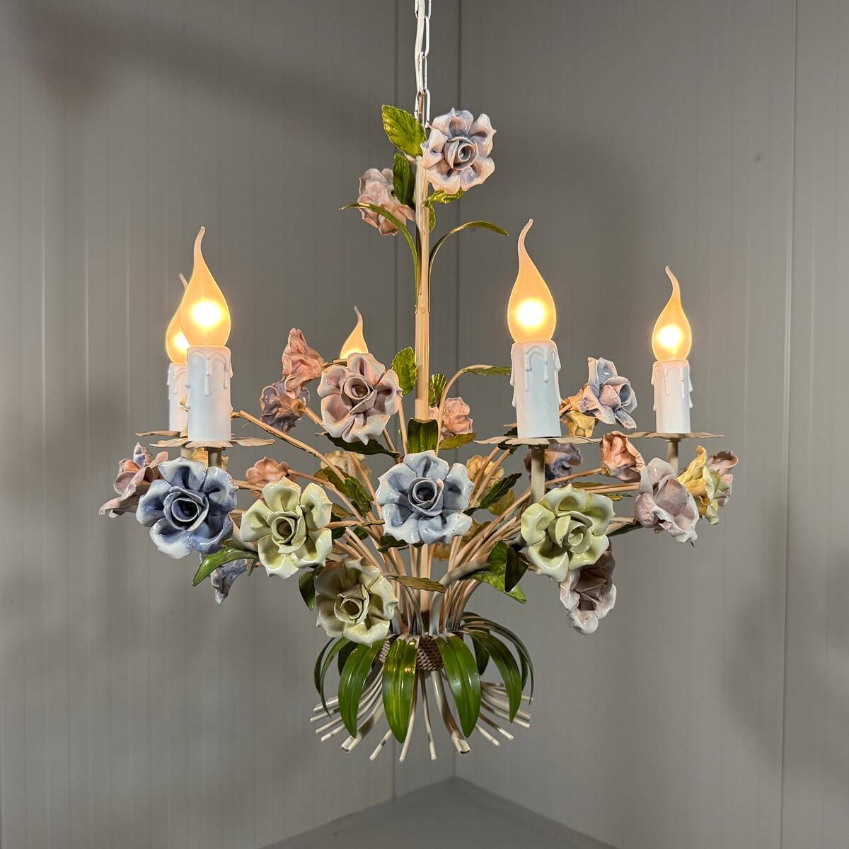 Italian tole chandelier porcelain flowers 1950’s