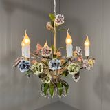 Italian tole chandelier porcelain flowers 1950’s