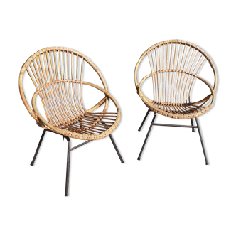 Pairs of rattan armchairs base metal year 60 vintage