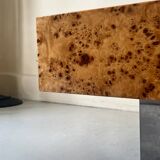 Square designer coffee table in elm burl and chrome, JC Mahey 1970