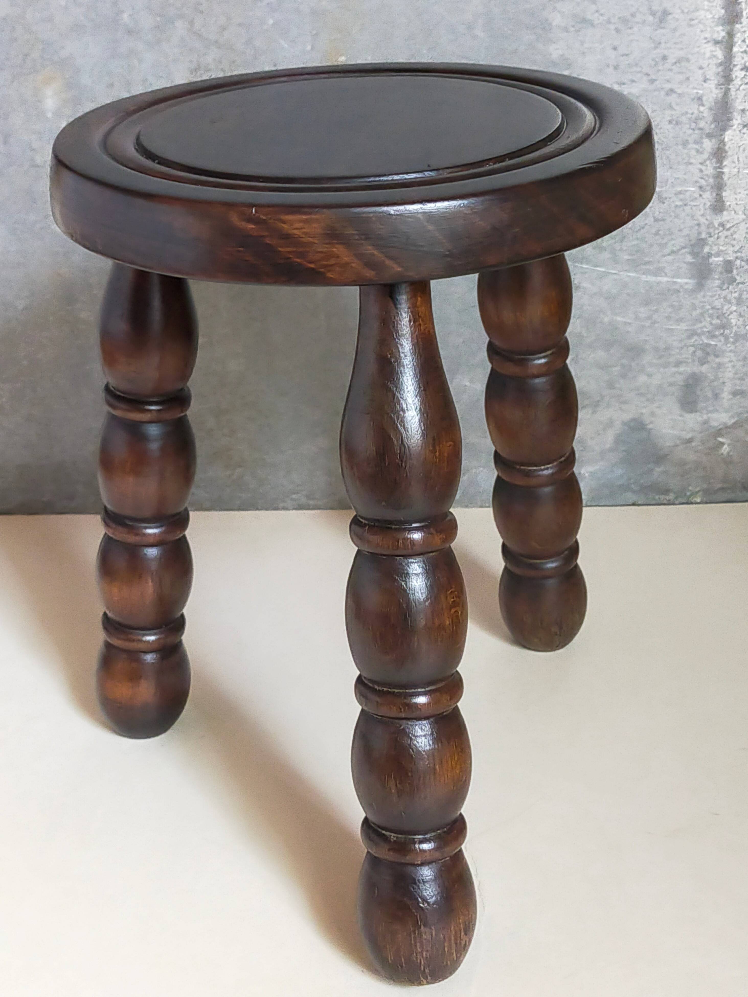 Vintage solid turned wood tripod stool