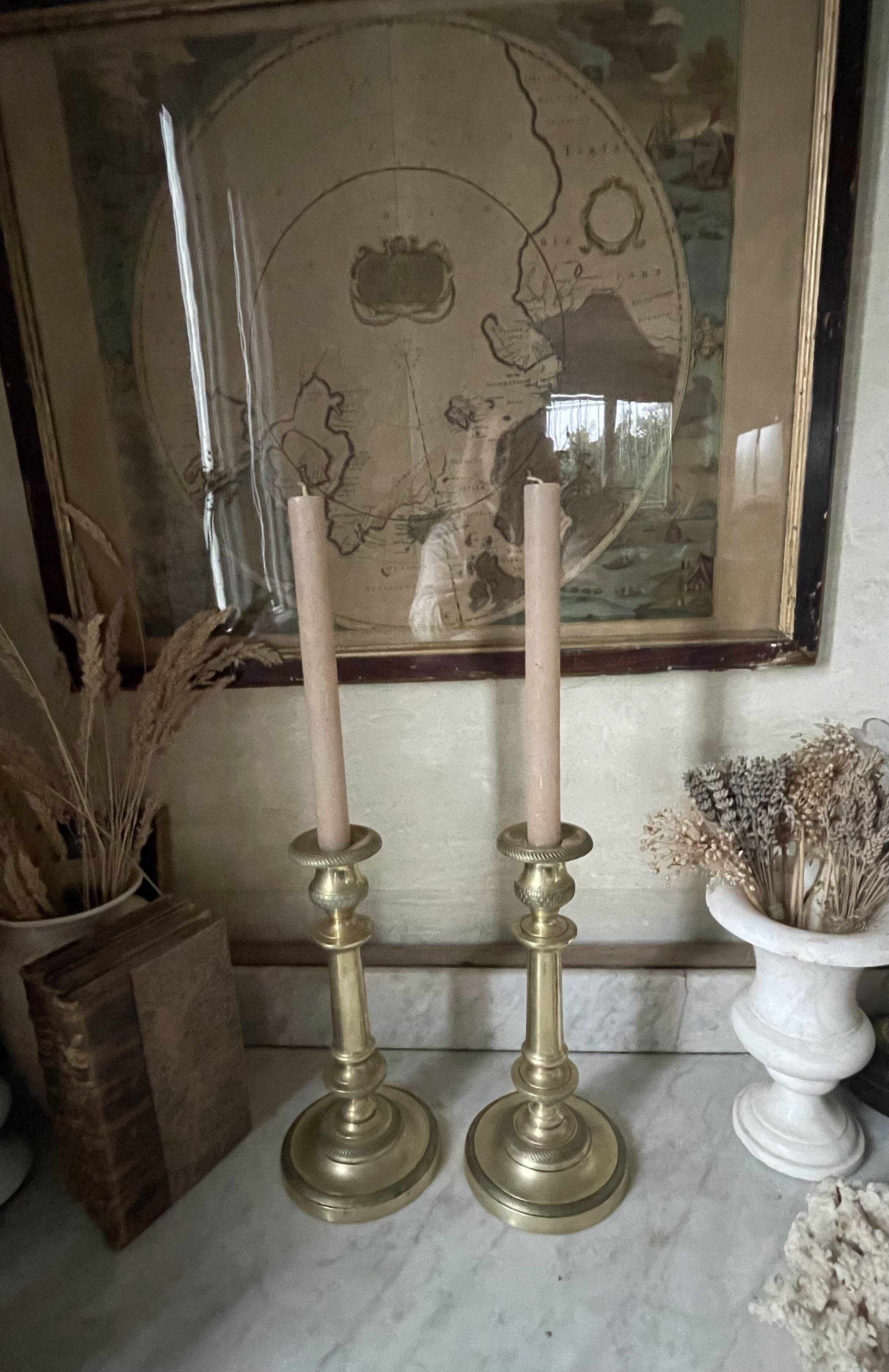 Pair of 19th century guilloche brass candlesticks