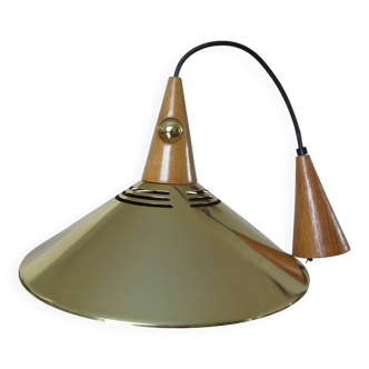 Scandinavian teak and gold metal pendant light from the 70s