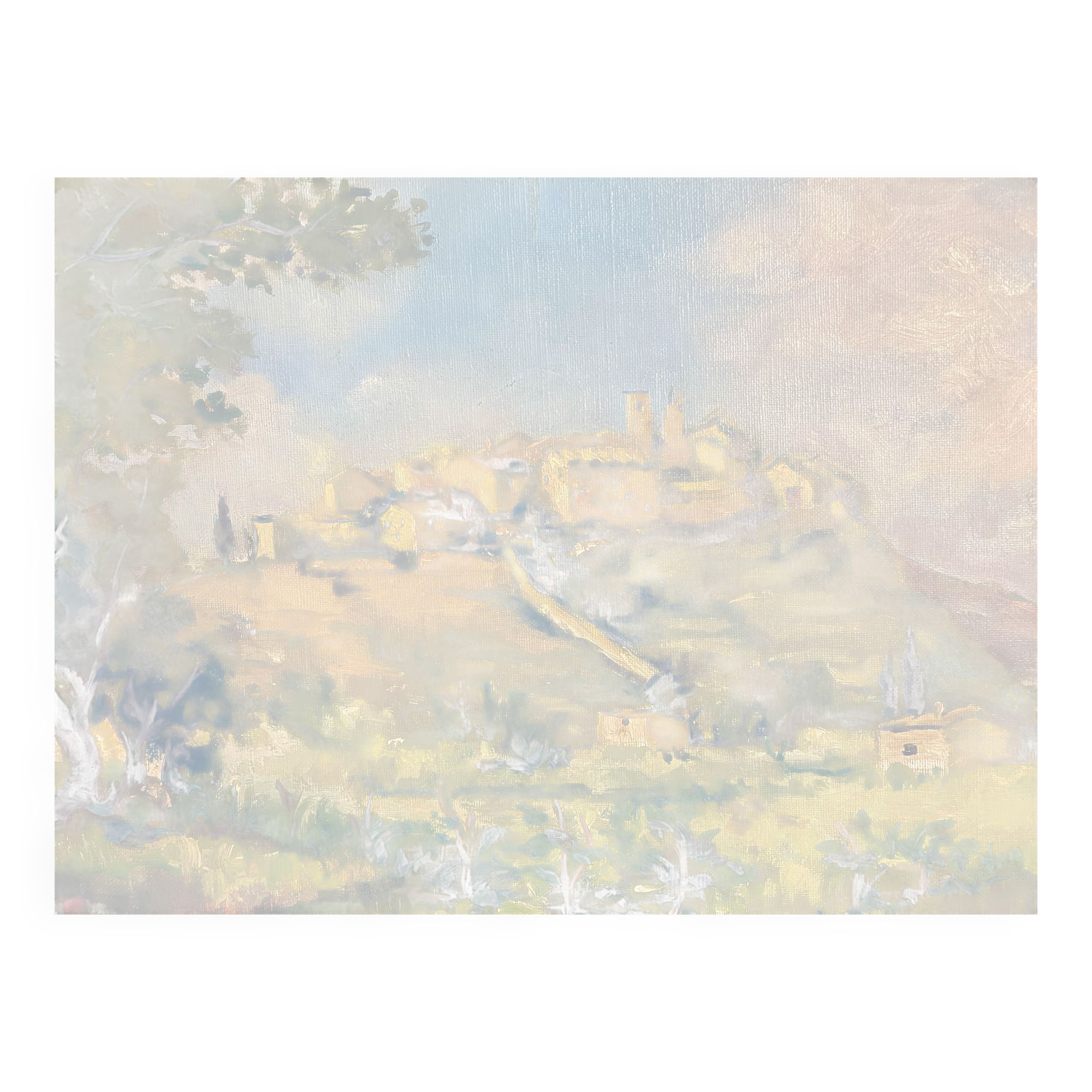 A painting representing a village in Tuscany.