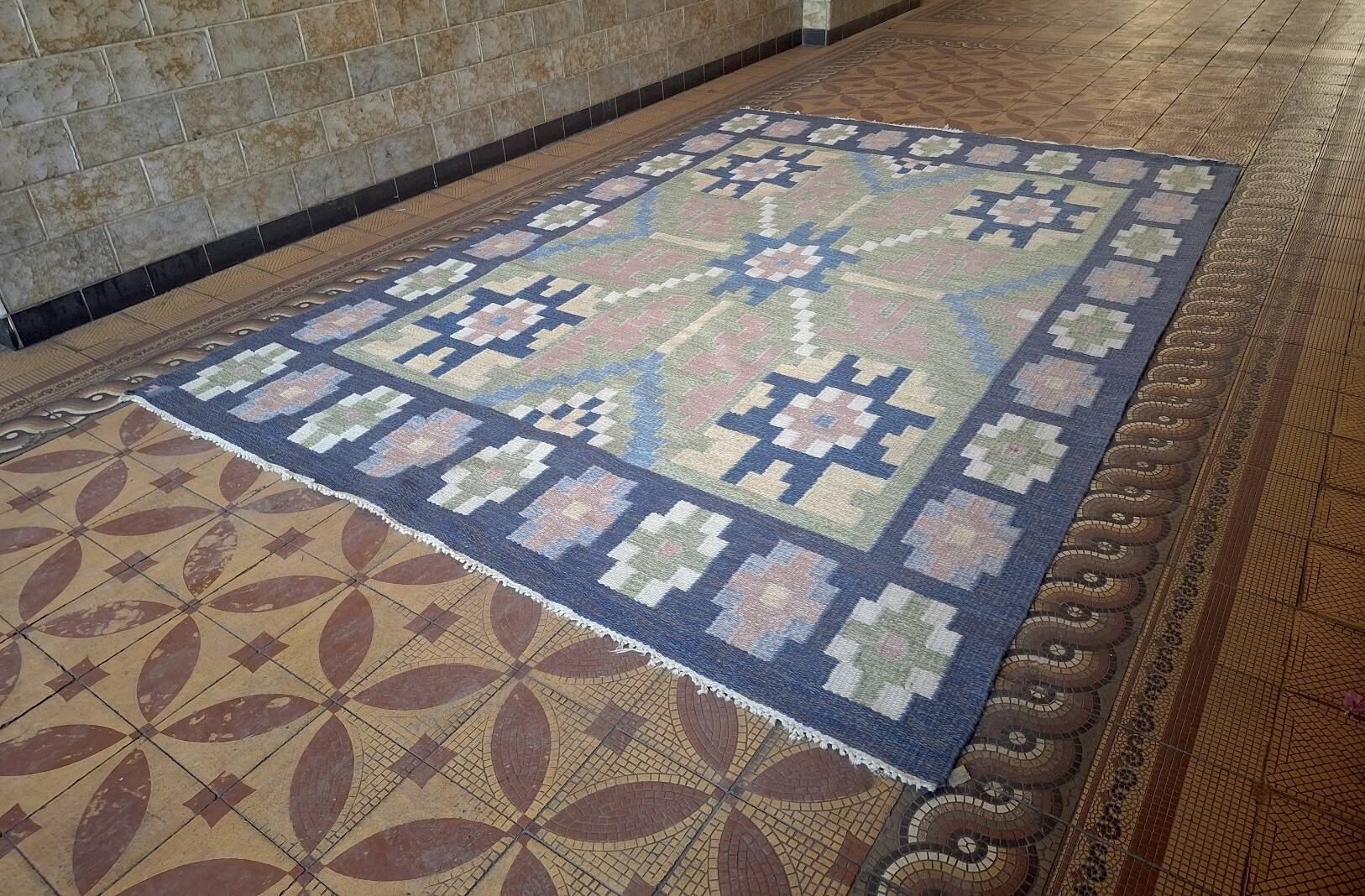 Mid century Scandinavian rug, Swedish wool flatweave with geometric design