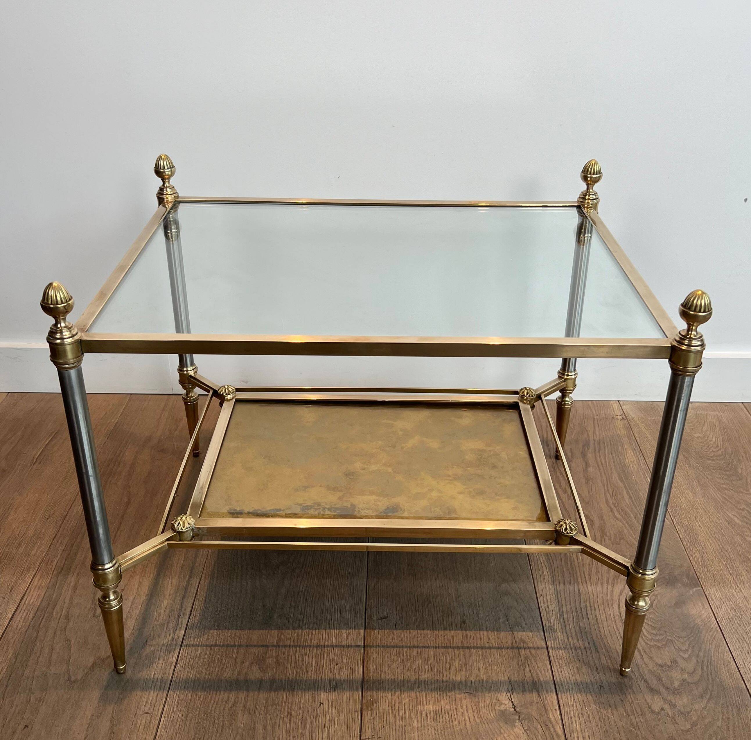 Pair of neoclassical side tables in steel and brass by Maison Jansen.