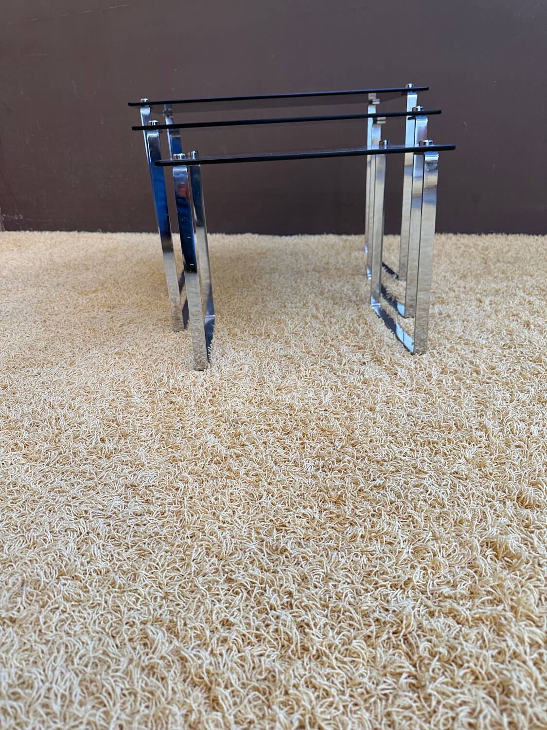 Set of 3 nesting tables in metal and smoked glass