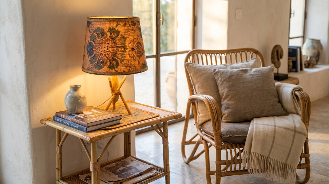Rattan and bamboo lamp with printed fabric shade.