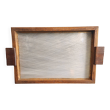 French vintage tray from the 50s, oak and glass