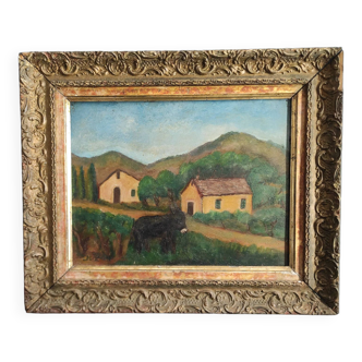 Peinture à l'huile française vintage à bord de style naïf, signée