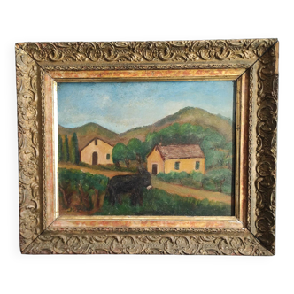 Vintage french oil painting on board in naive style, signed
