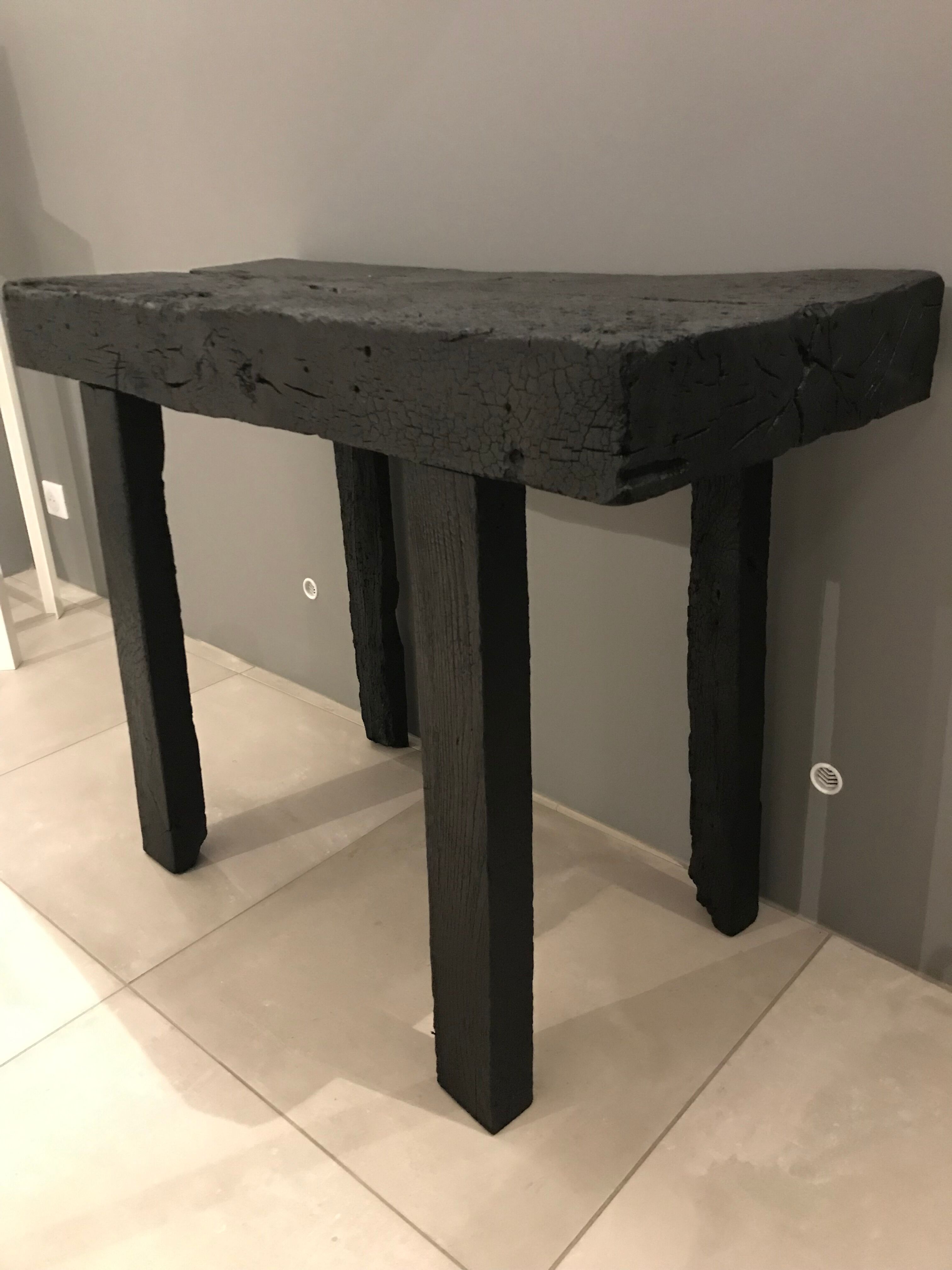 Console wood finishing shou-sugi-ban wood burning with treatment