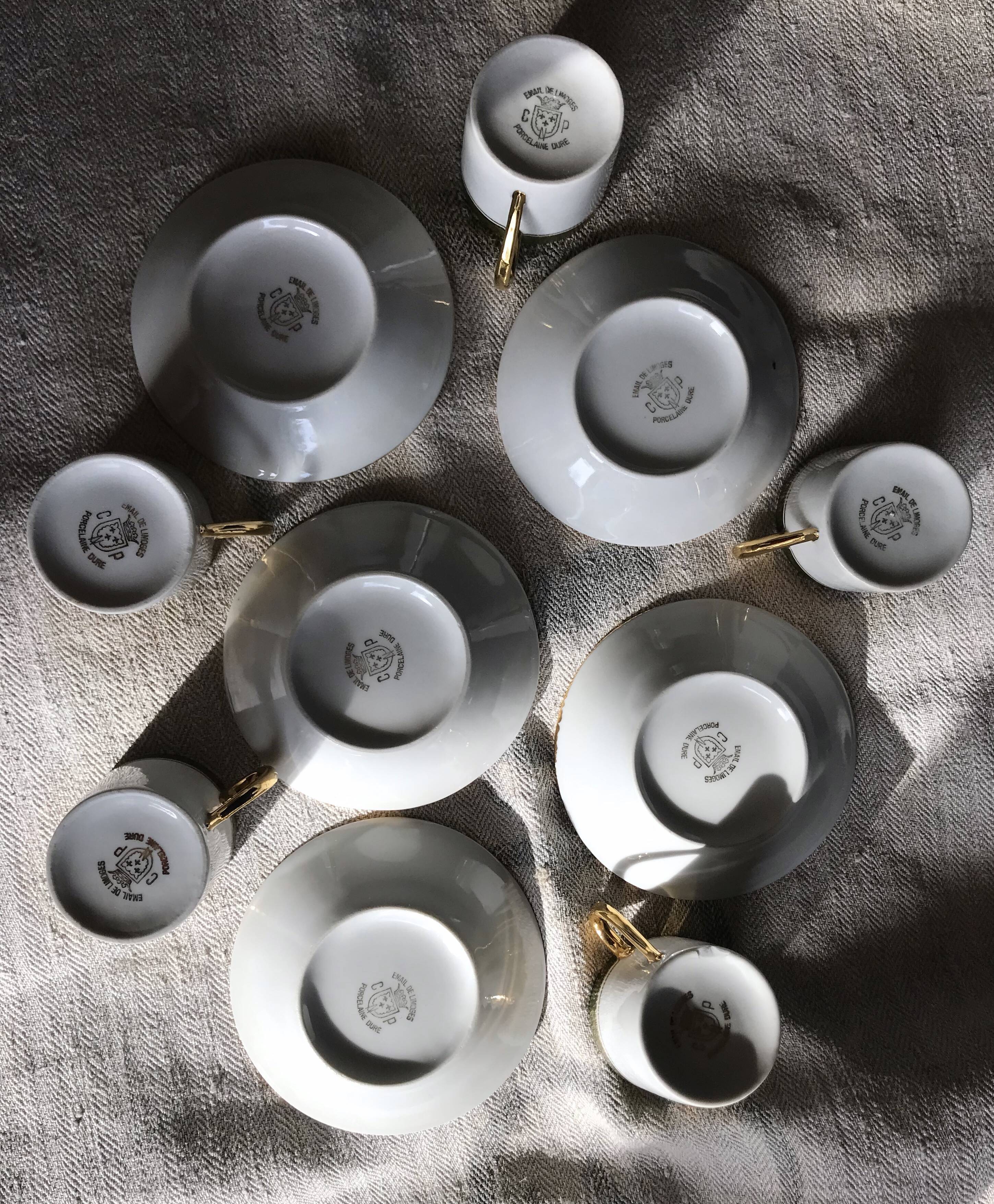 Vintage mocha set 5 coffee cups Napoleon porcelain white frieze green gold by hand