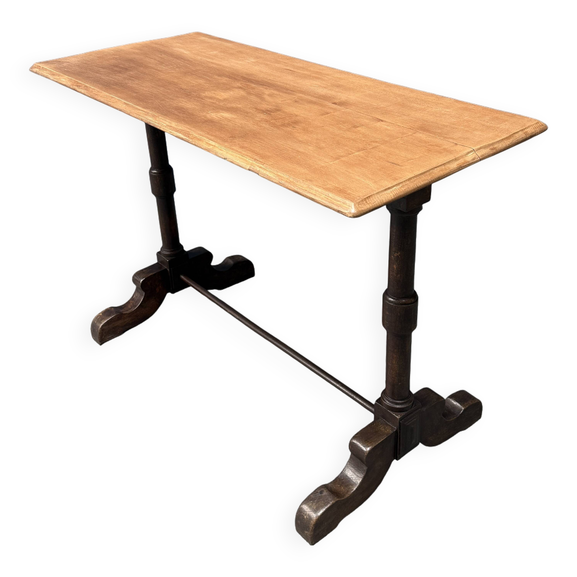 Table de bistrot ancienne française avec plateau en bois d'orme clair