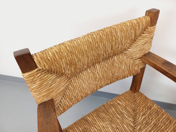 Suite de 2 fauteuils brutalistes vintage en bois de chêne et paille