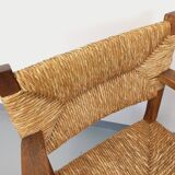 Set of 2 vintage brutalist armchairs in oak wood and straw