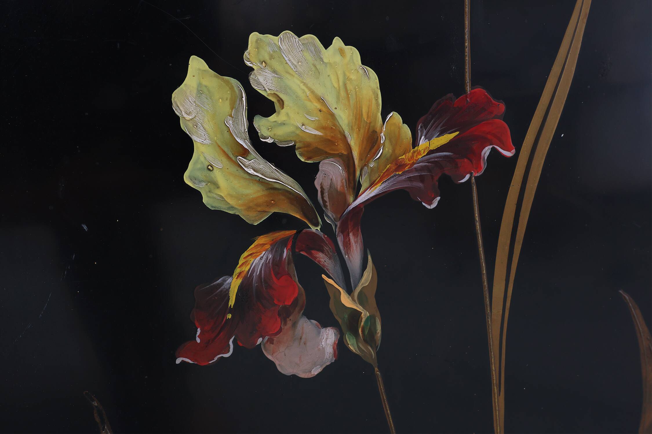 Art Nouveau Black Lacquered Two-Panel Screen with Hand-Painted Irises, Fran