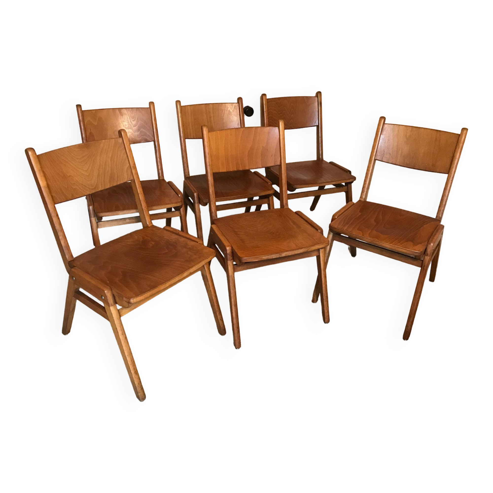 Set of 6 vintage wooden stackable chairs compass legs Germany 1960's