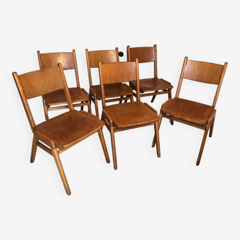 Lot de 6 chaises vintage bois empilables pieds compas Allemagne 1960’s