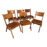 Set of 6 vintage wooden stackable chairs compass legs Germany 1960's
