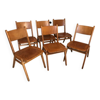 Lot de 6 chaises vintage bois empilables pieds compas Allemagne 1960’s